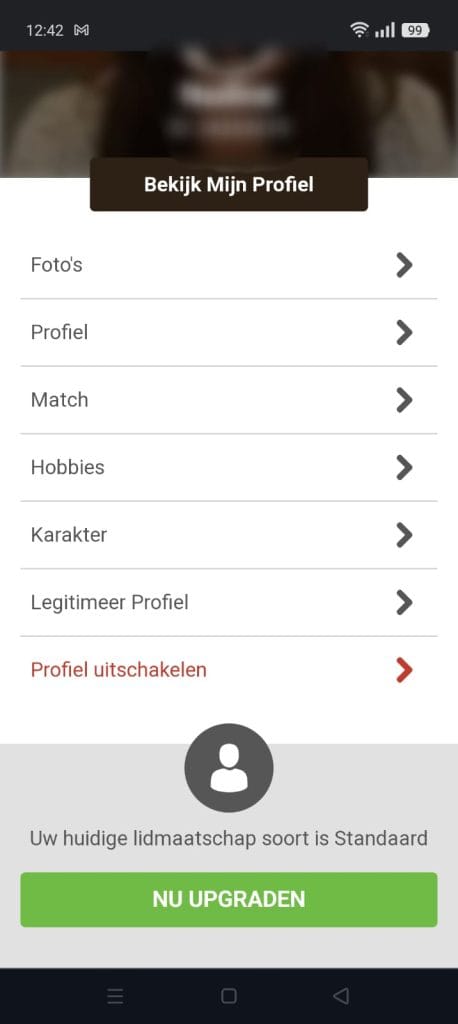 Mobiel menu, profiel uitschakelen optie