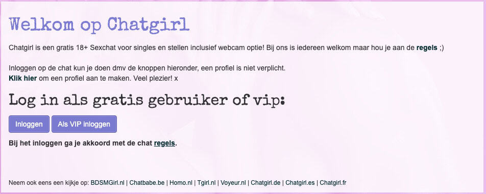 Schermafbeelding van de homepage van chatgirl