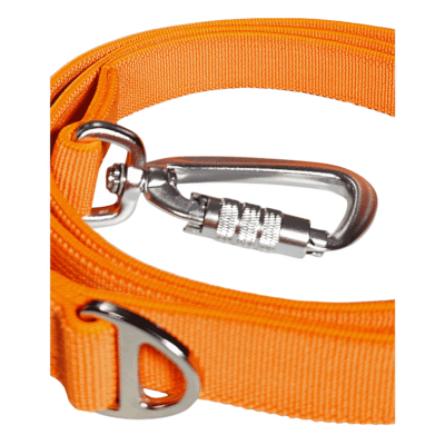 Durable orange dog lead with metal clip for secure attachment.