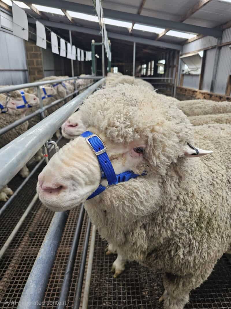 Two sheep in a barn with a blue halter on one sheep.
