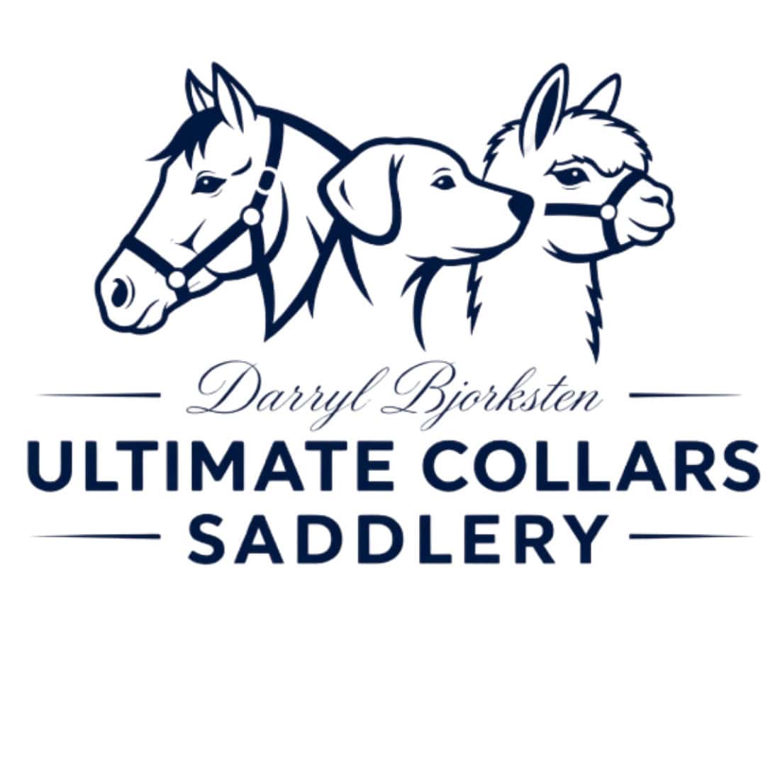 Darryl Bjorksten Ultimate Collars Saddlery logo with horse and dog illustrations.