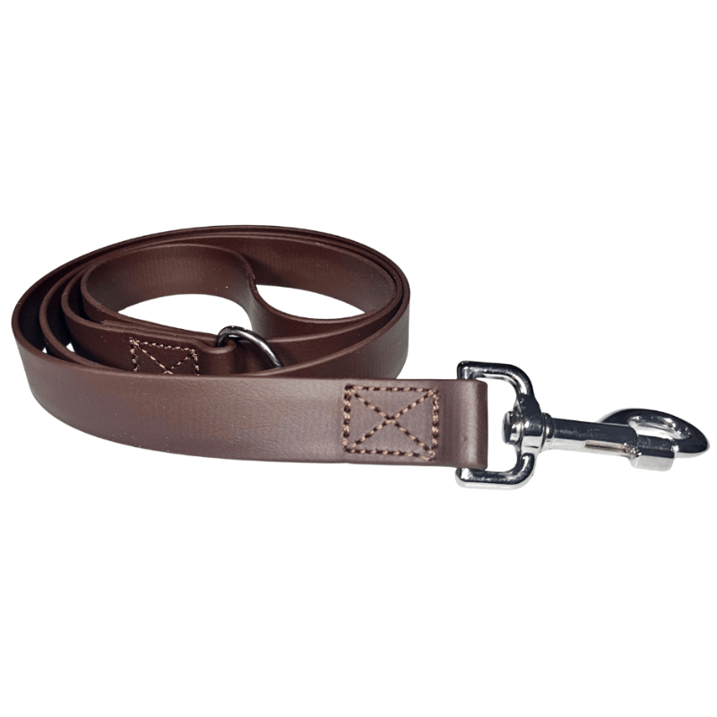 Dog lead made of BioThane 25mm in brown with metal clip for secure attachment.