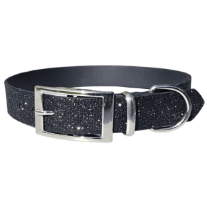 Dog collar with glittery black finish and silver buckle for stylish pets.