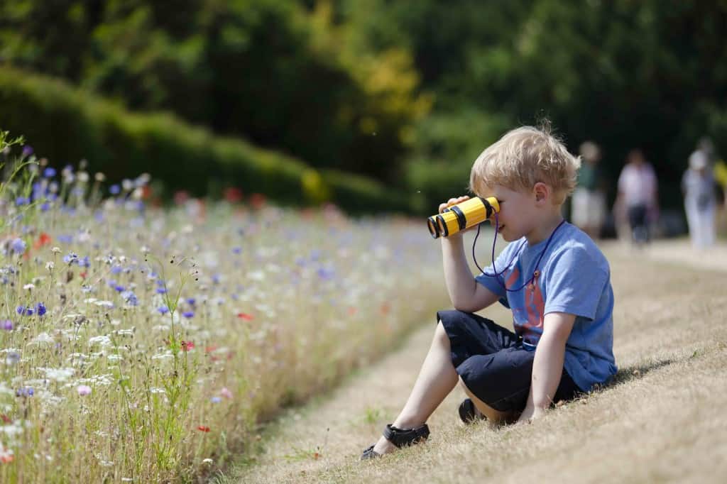Child playing in the gardens in July at Polesden Lacey, Surrey.