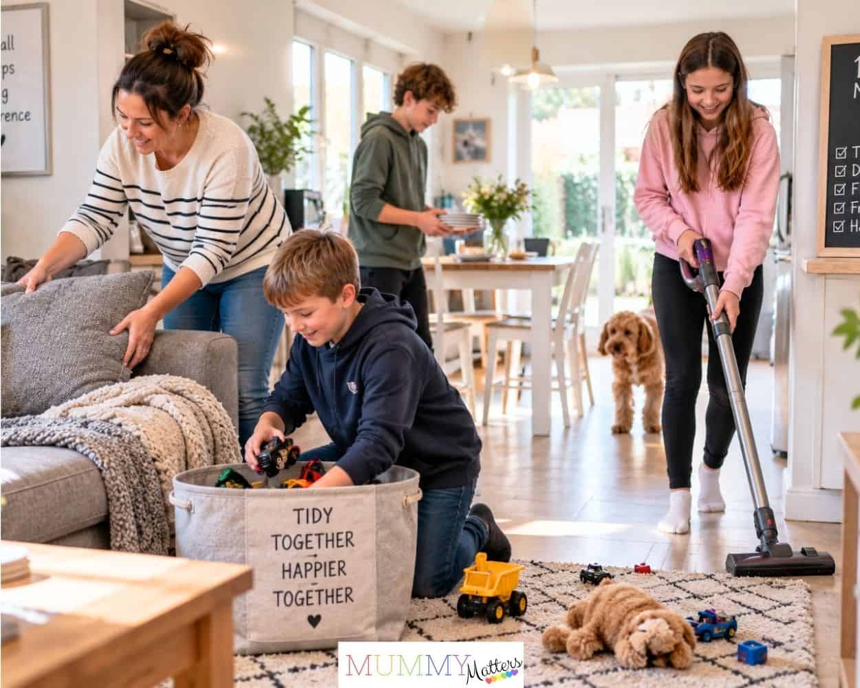 Family members sharing household chores