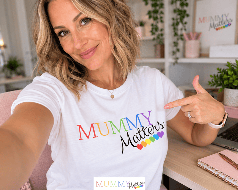 Woman promoting a branded Mummy Matters T-shirt on social media