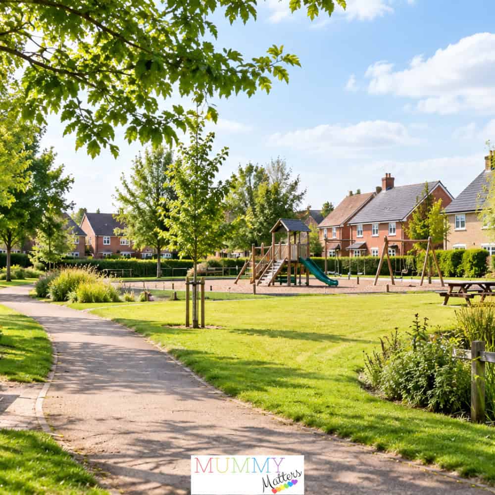 A family-friendly neighbourhood park with a children's playground, walking paths, green spaces and houses nearbyA family-friendly neighbourhood park with a children's playground, walking paths, green spaces and houses nearby