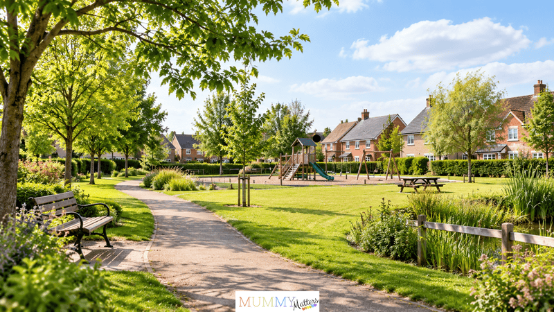 A family-friendly neighbourhood park with a children's playground, walking paths, green spaces and houses nearby