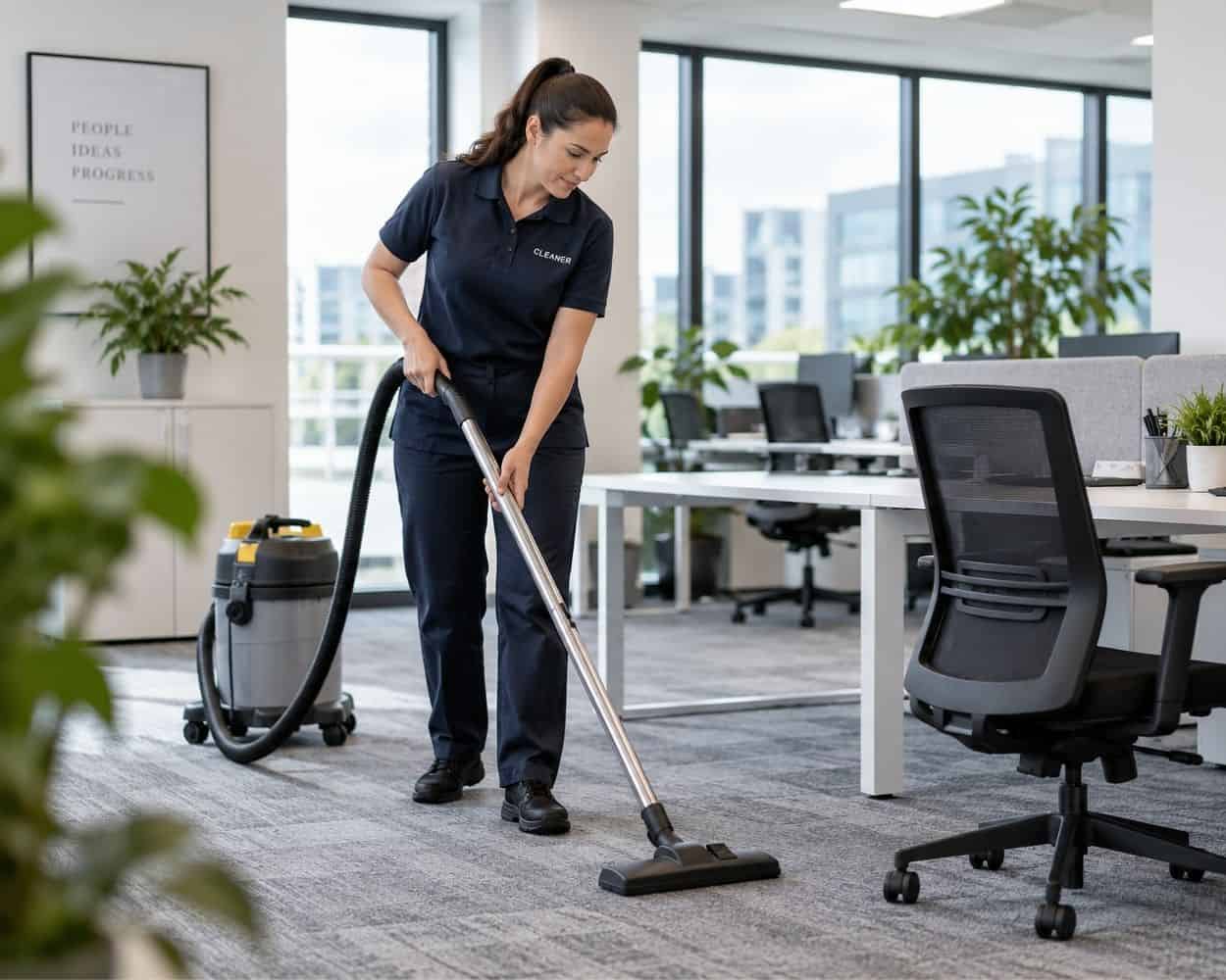Professional cleaner maintaining a clean office space