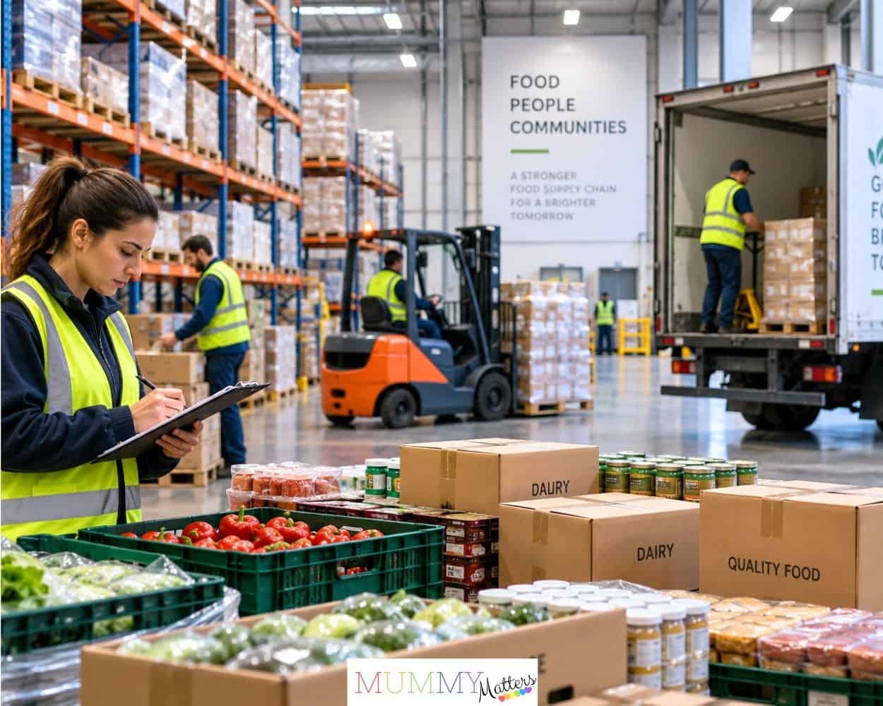 Food products being organised for distribution in a warehouse