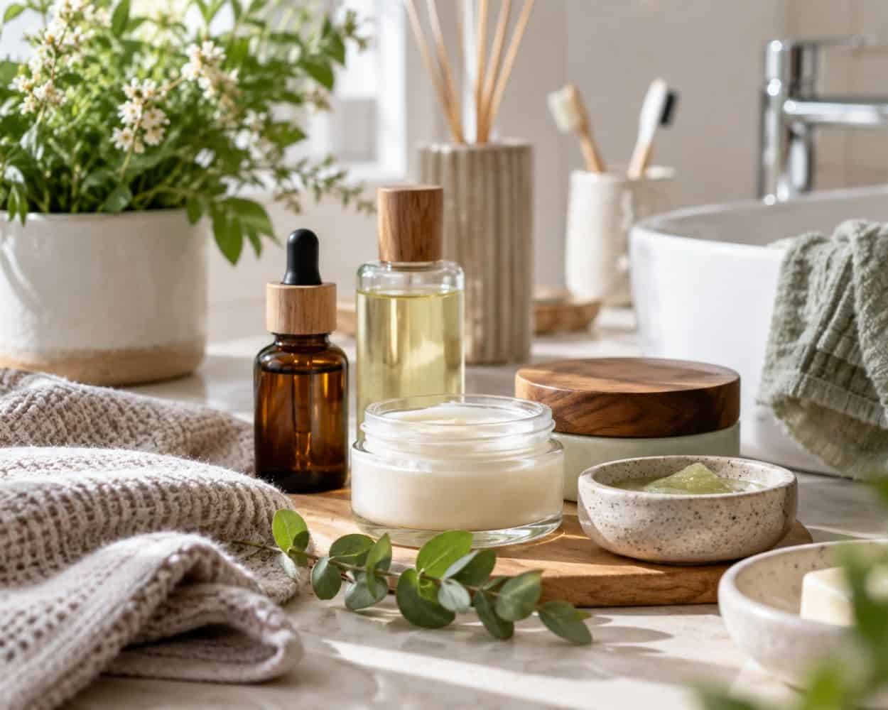 Natural skincare products with botanical ingredients in a bright bathroom