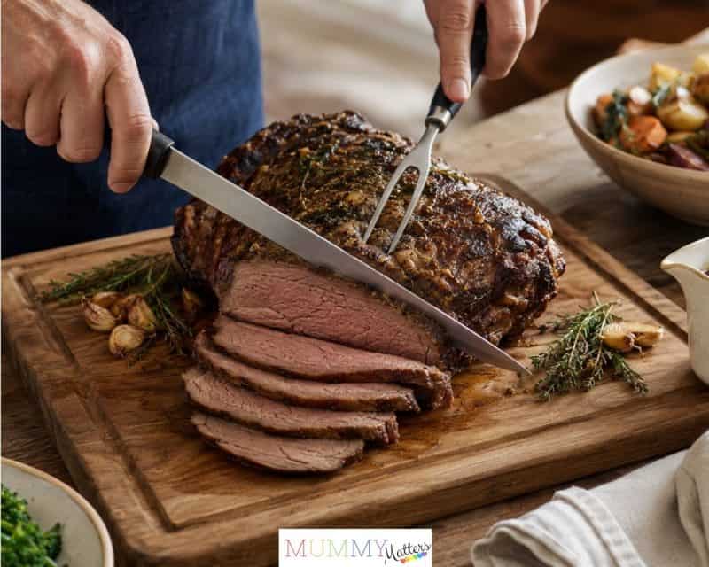Hands using a carving knife and fork to slice roast beef on a wooden carving board