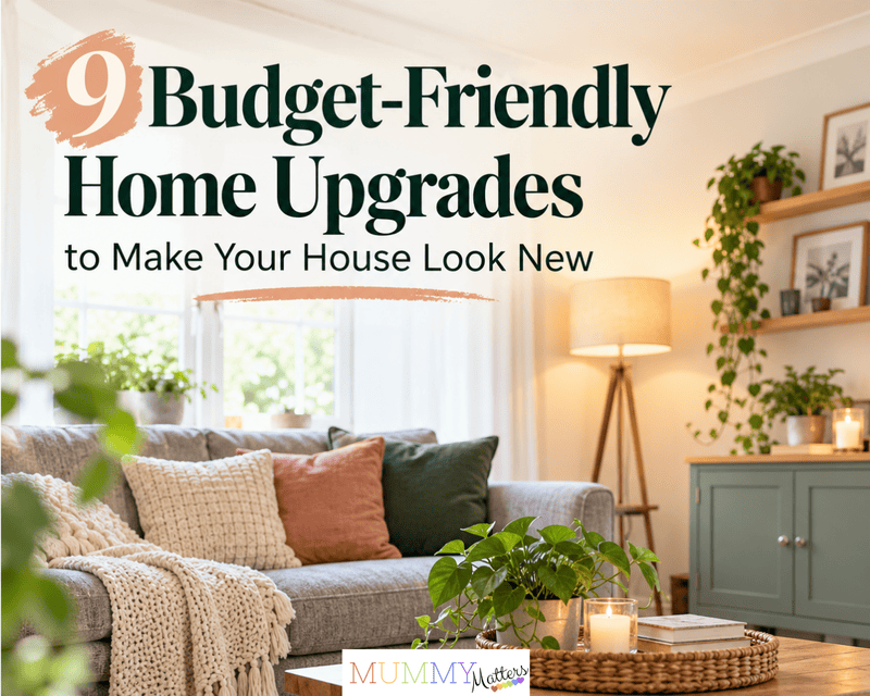 Budget-friendly home upgrades in a cosy living room with affordable décor and soft lighting