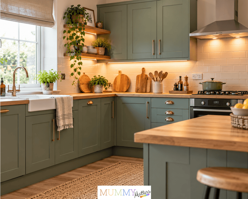Sage green kitchen cupboards with brass handles, wooden worktops and white tiled splashback