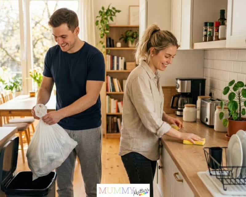 Couple cleaning and tidying home to show to prospective buyers