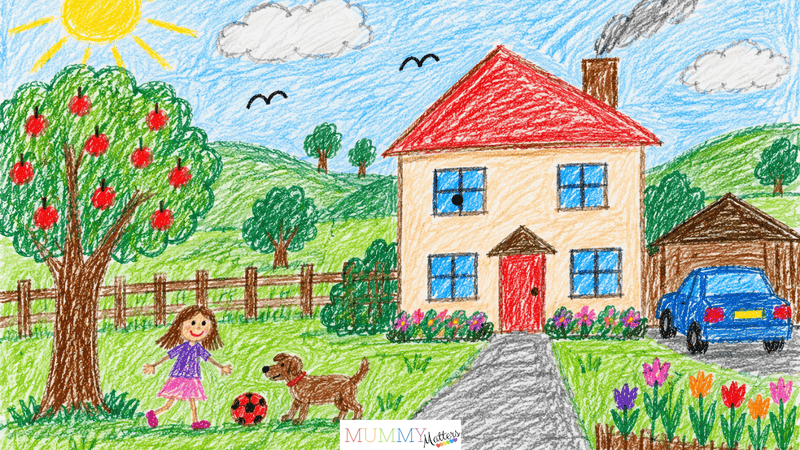 Illustrative dawning realism drawing showing a detailed house, garden, child, dog and distant hills with an attempt at perspective