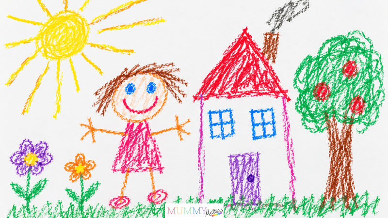 Illustrative preschematic drawing showing a smiling person, colourful house, sun, flowers and tree in crayon