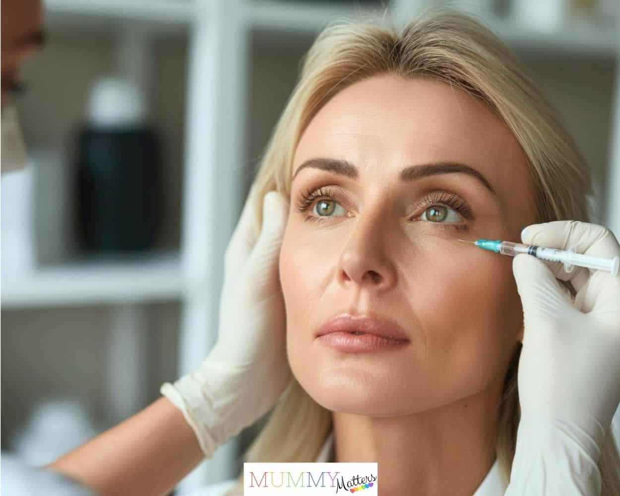 Beautiful mature woman receiving botox injection in her face at beauty salon