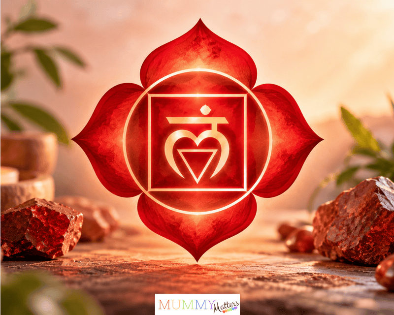 Illustration of the red root chakra symbol representing grounding, stability and security