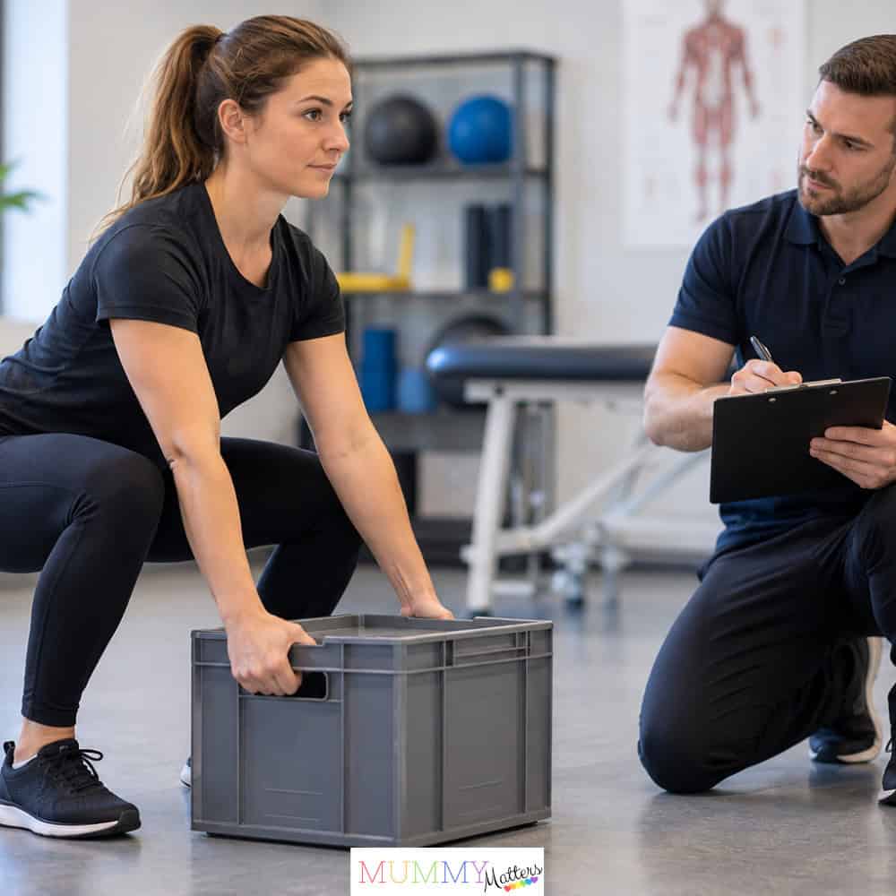 Pre-employment functional assessment showing a woman performing a lifting task while an assessor observes