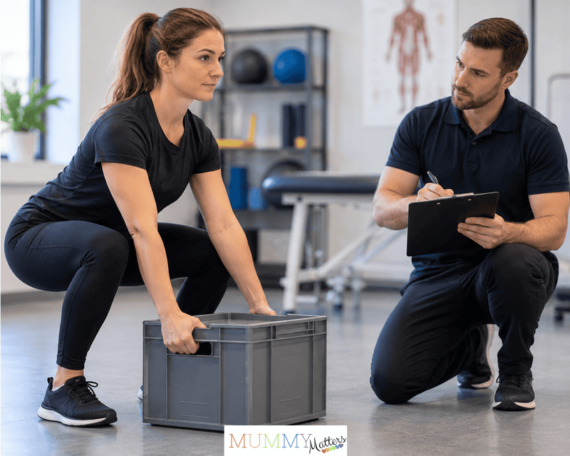 Pre-employment functional assessment showing a woman performing a lifting task while an assessor observes
