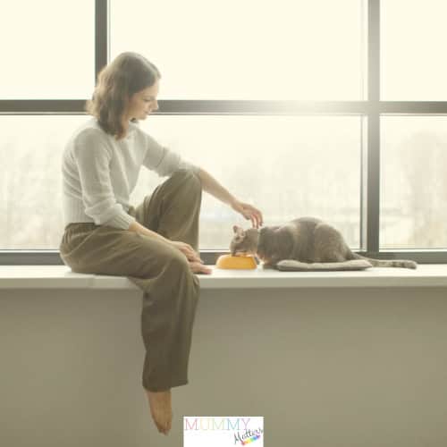 Woman feeding her cat on a windowsill during a house move, with a large window in the background.