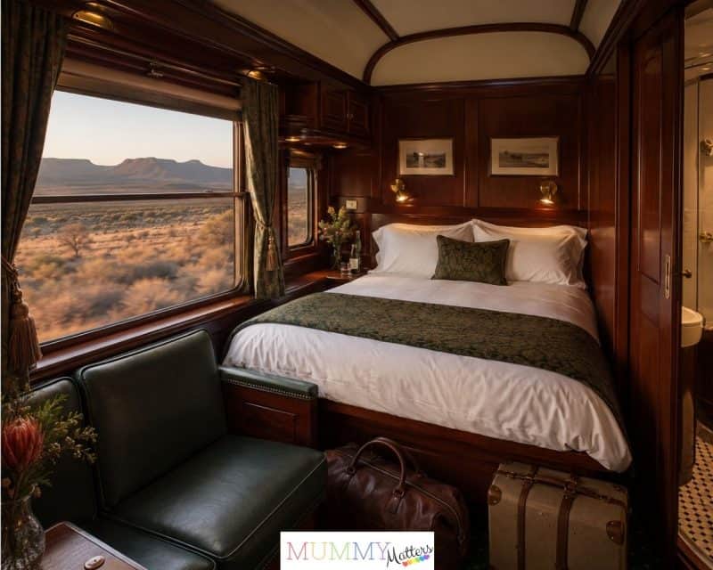 Private luxury train suite with a double bed and views across South Africa’s Karoo landscape