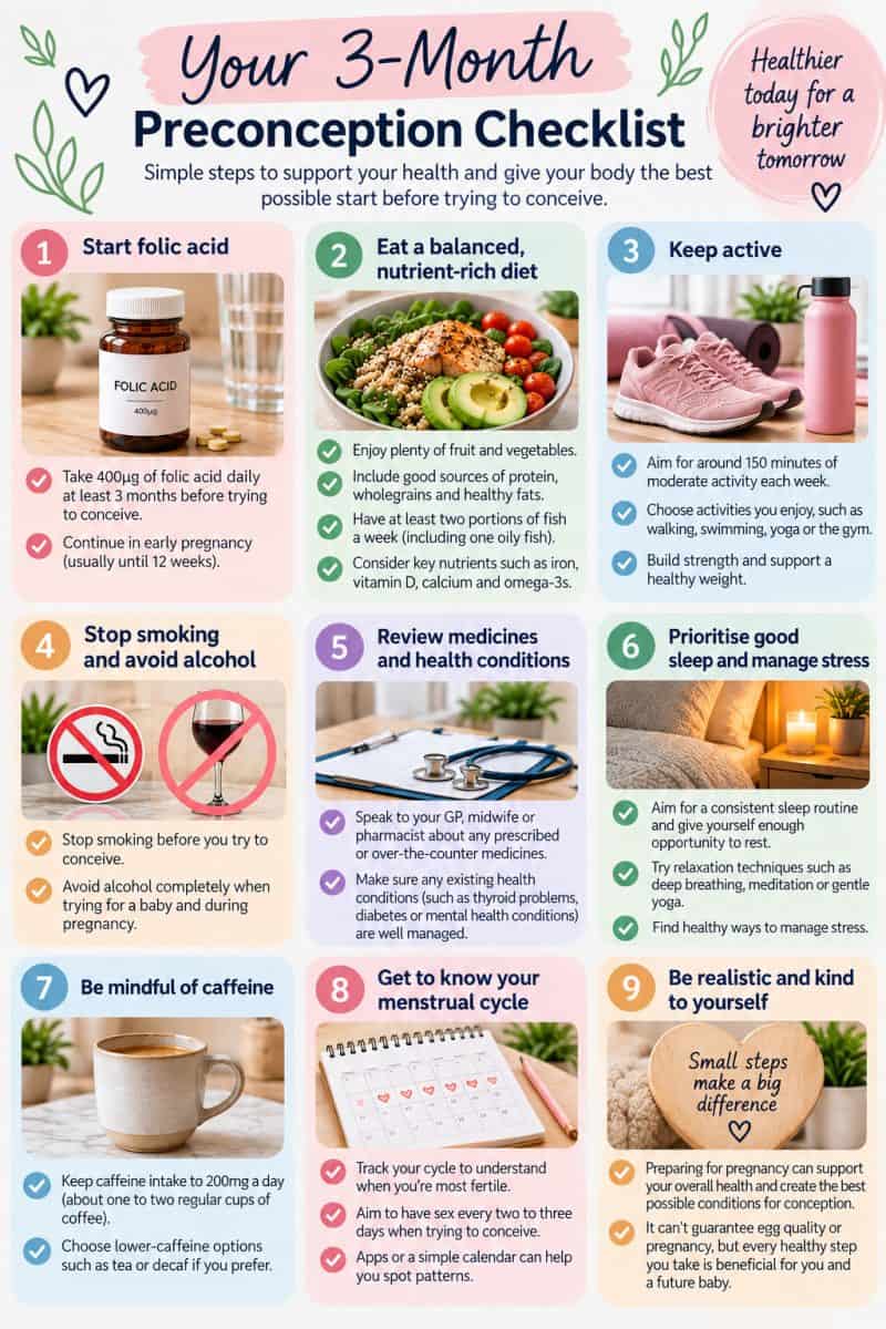 3-month preconception checklist with nine steps to prepare for pregnancy