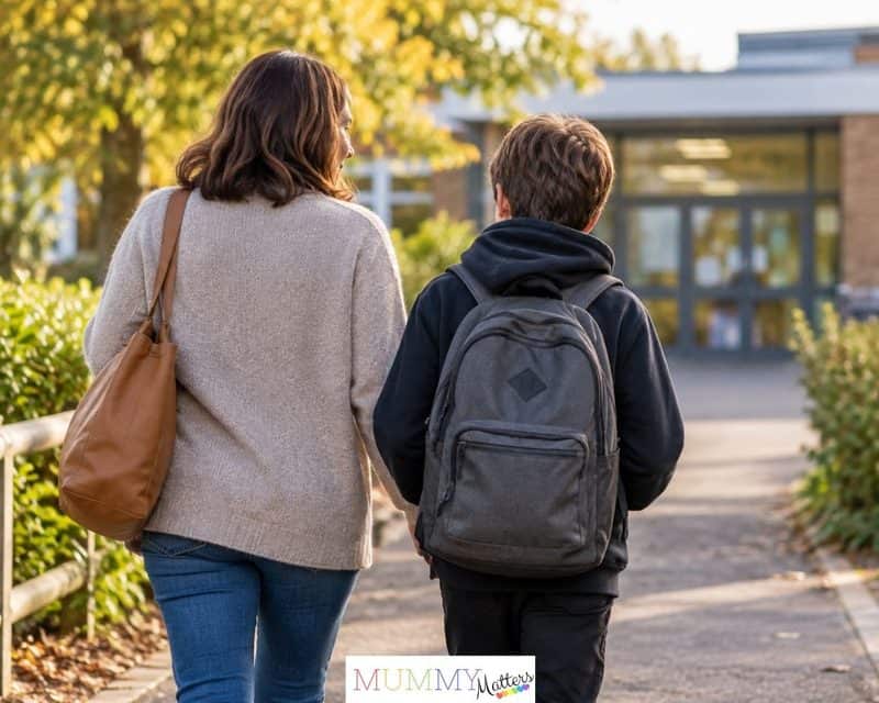 Parent and child walking towards school with a backpack
