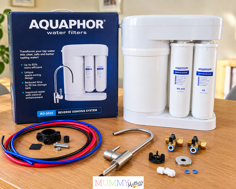 Aquaphor RO-101S reverse osmosis water filtration system and installation components
