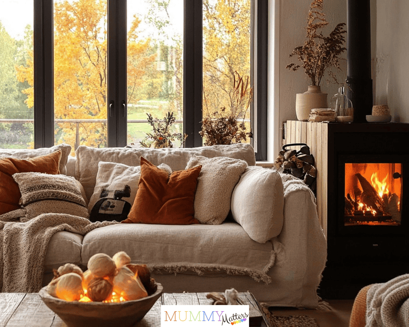 Cosy living room prepared for autumn with warm lighting and blankets