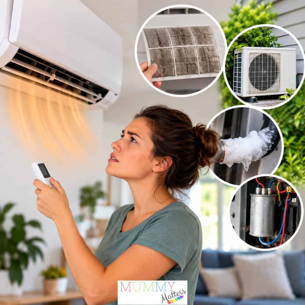 Woman checking an air conditioner blowing warm air, with images showing common faults including dirty filters, frozen pipes and outdoor unit problems.