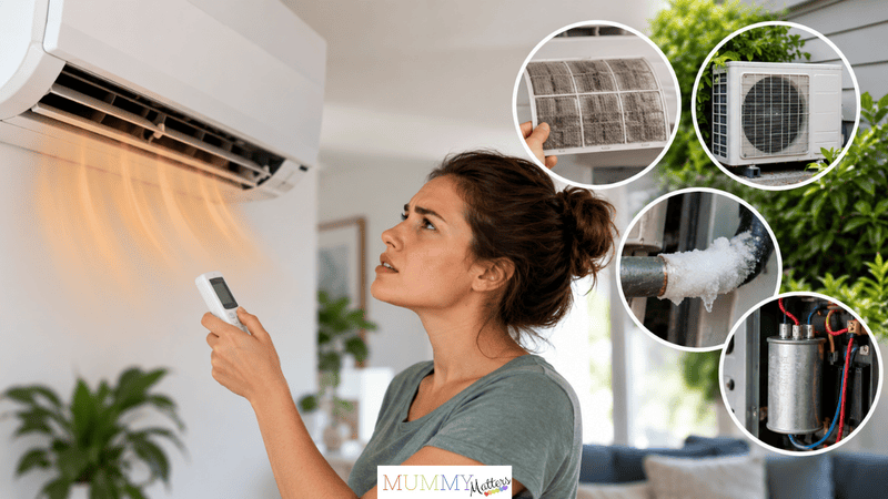 Woman checking an air conditioner blowing warm air, with images showing common faults including dirty filters, frozen pipes and outdoor unit problems.
