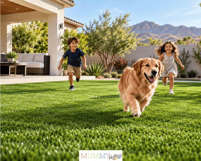 Children and a golden retriever playing on a low-maintenance artificial grass lawn in a sunny backyard.