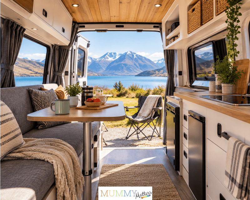 Organised campervan interior with clever storage, comfortable seating and a dining area overlooking a mountain lake