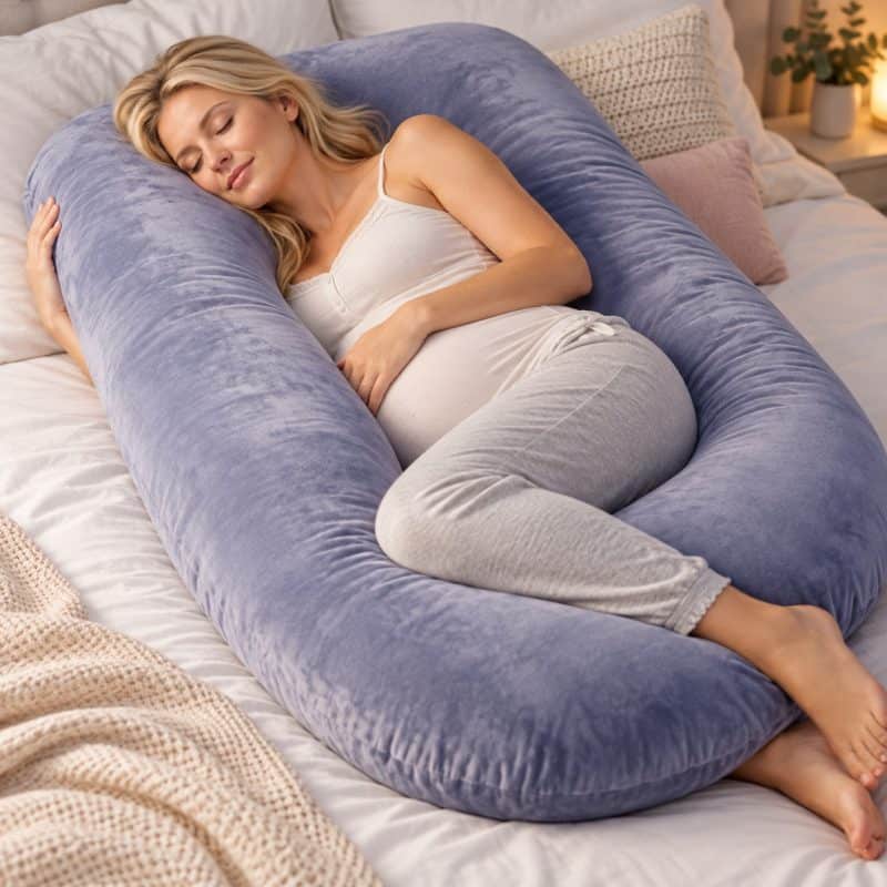 Blonde pregnant woman sleeping on her side with a lavender U-shaped pregnancy pillow supporting her bump and legs.