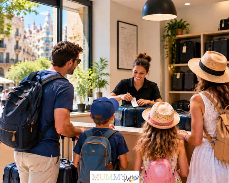 Family leaving bags at luggage storage