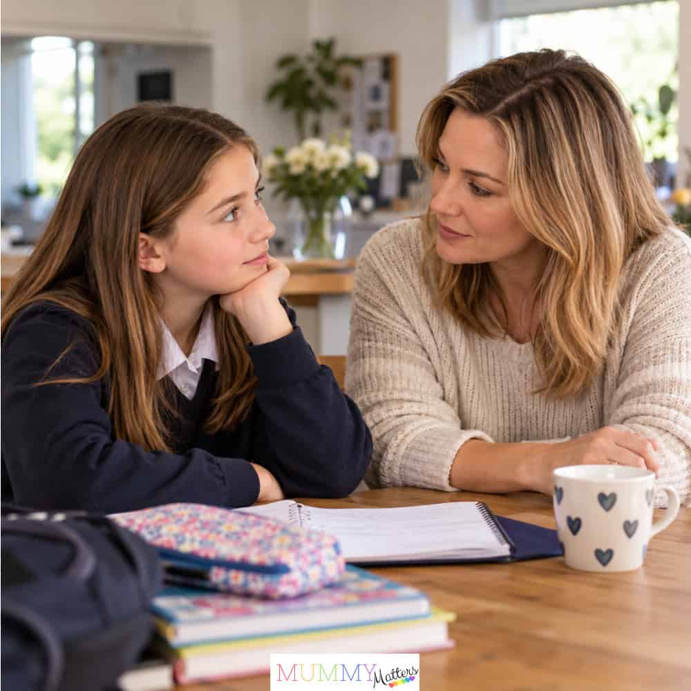 Mother talking with her school-aged daughter at home about school and wellbeing