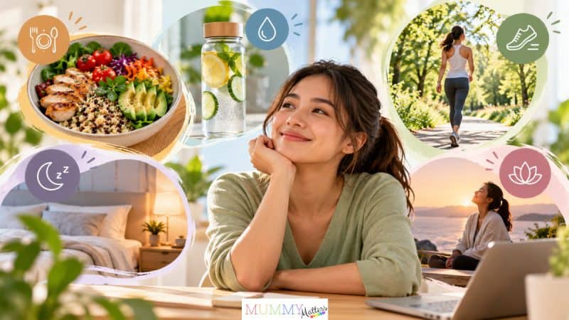 Five daily wellness essentials including balanced nutrition, hydration, exercise, restful sleep and mindfulness.