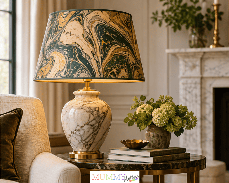 Elegant living room featuring a marble table lamp with a patterned lampshade, marble side table and neutral furnishings.