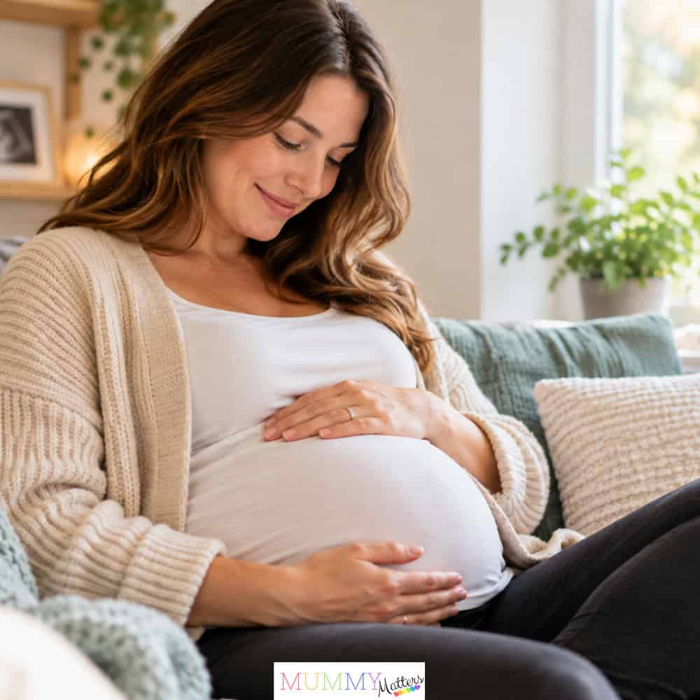 Pregnant woman resting her hands on her bump while relaxing at home