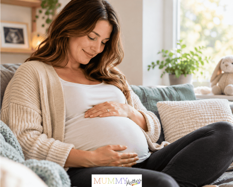 Pregnant woman resting her hands on her bump while relaxing at home