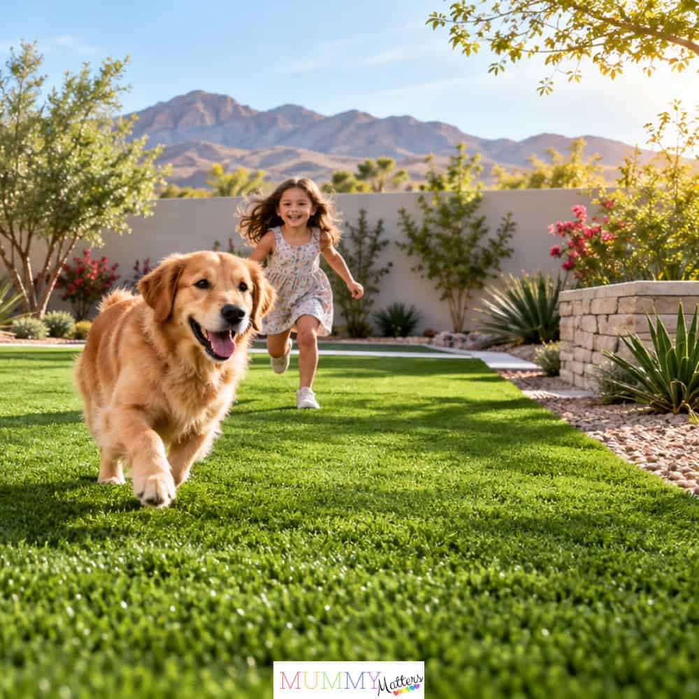 Children and a golden retriever playing on a low-maintenance artificial grass lawn in a sunny backyard.