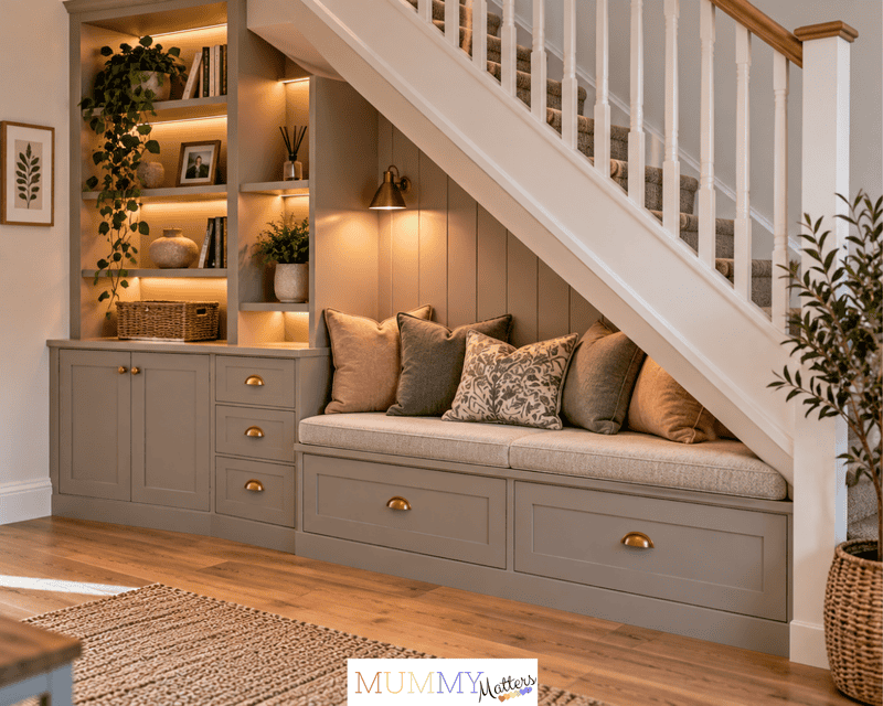 Bespoke furniture with built-in seating and storage under the stairs