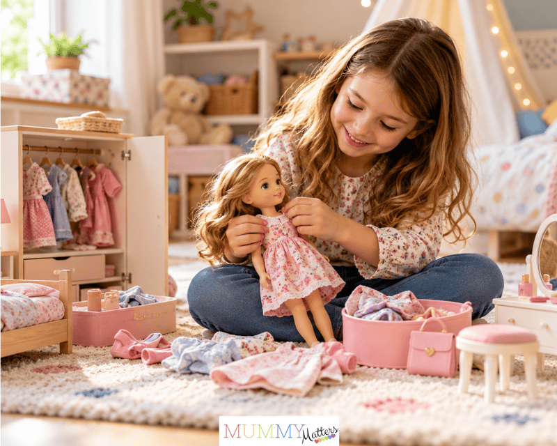 Young girl playing with a doll and accessories in a cosy bedroom