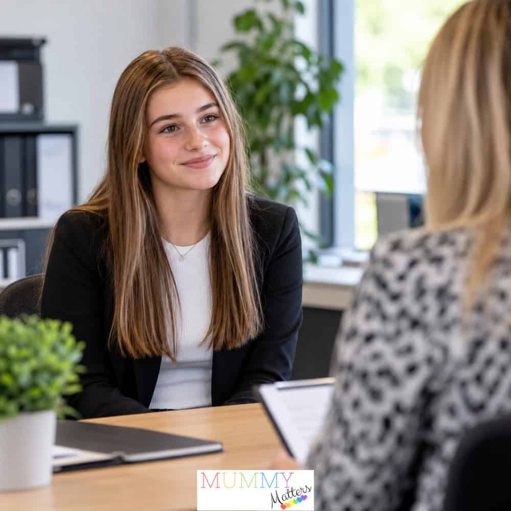 Teenage girl attending an interview in an office, illustrating first job interview tips for teenagers.