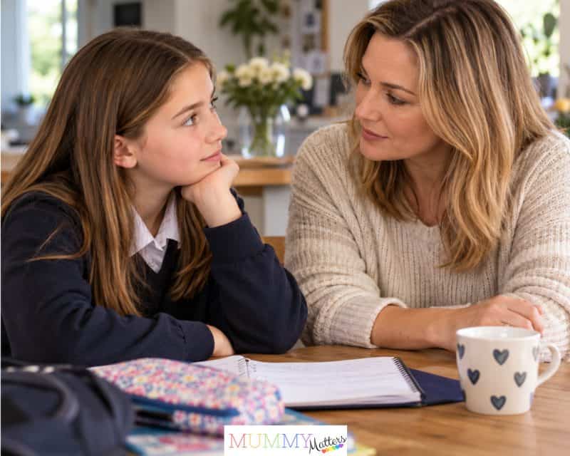 Mother talking with her school-aged daughter at home about school and wellbeing