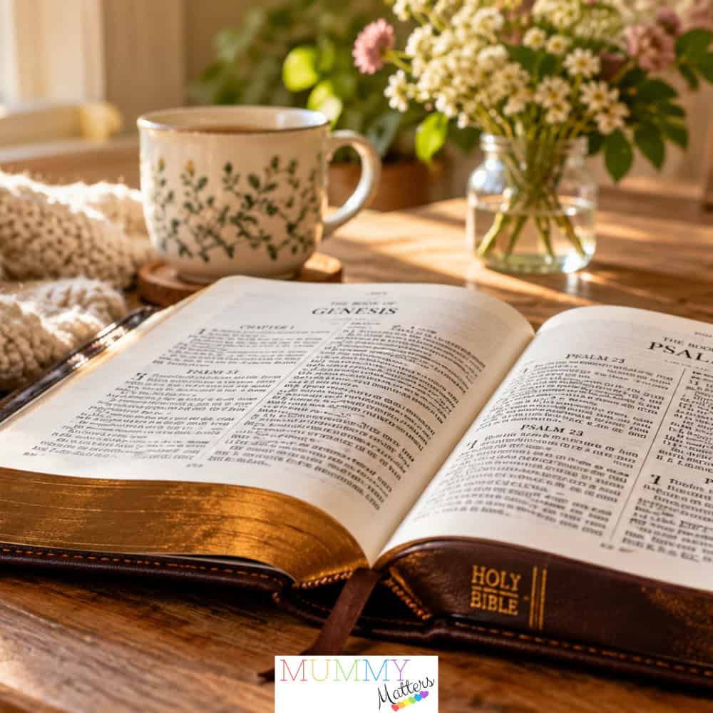 Open King James Bible on a wooden table in a cosy family home