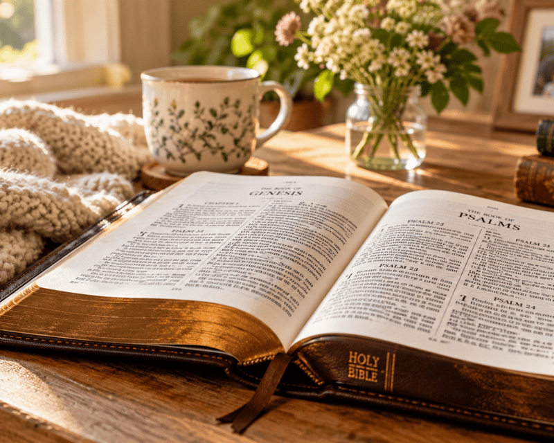 Open King James Bible on a wooden table in a cosy family home