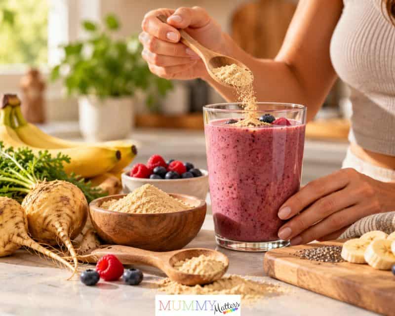 Maca powder being added to a smoothie as part of a healthy morning routine.